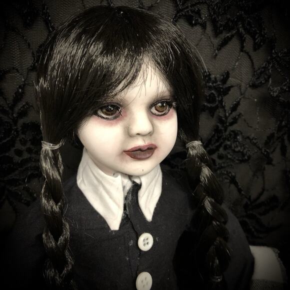 OOAK Creepy Odd 16” Wednesday Addams Halloween Inspired Artist Fan Art Doll - Picture 9 of 16